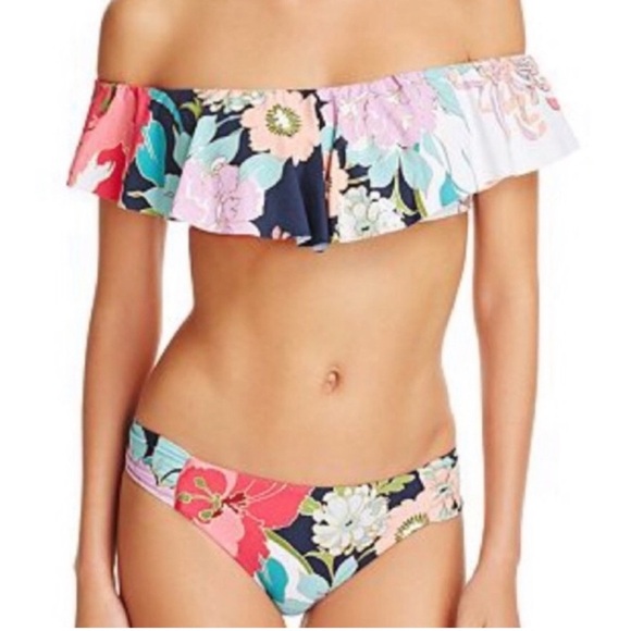 Trina Turk Royal Botanical Floral Off-Shoulder Bandeau Bikini Set size 8 - Picture 1 of 16